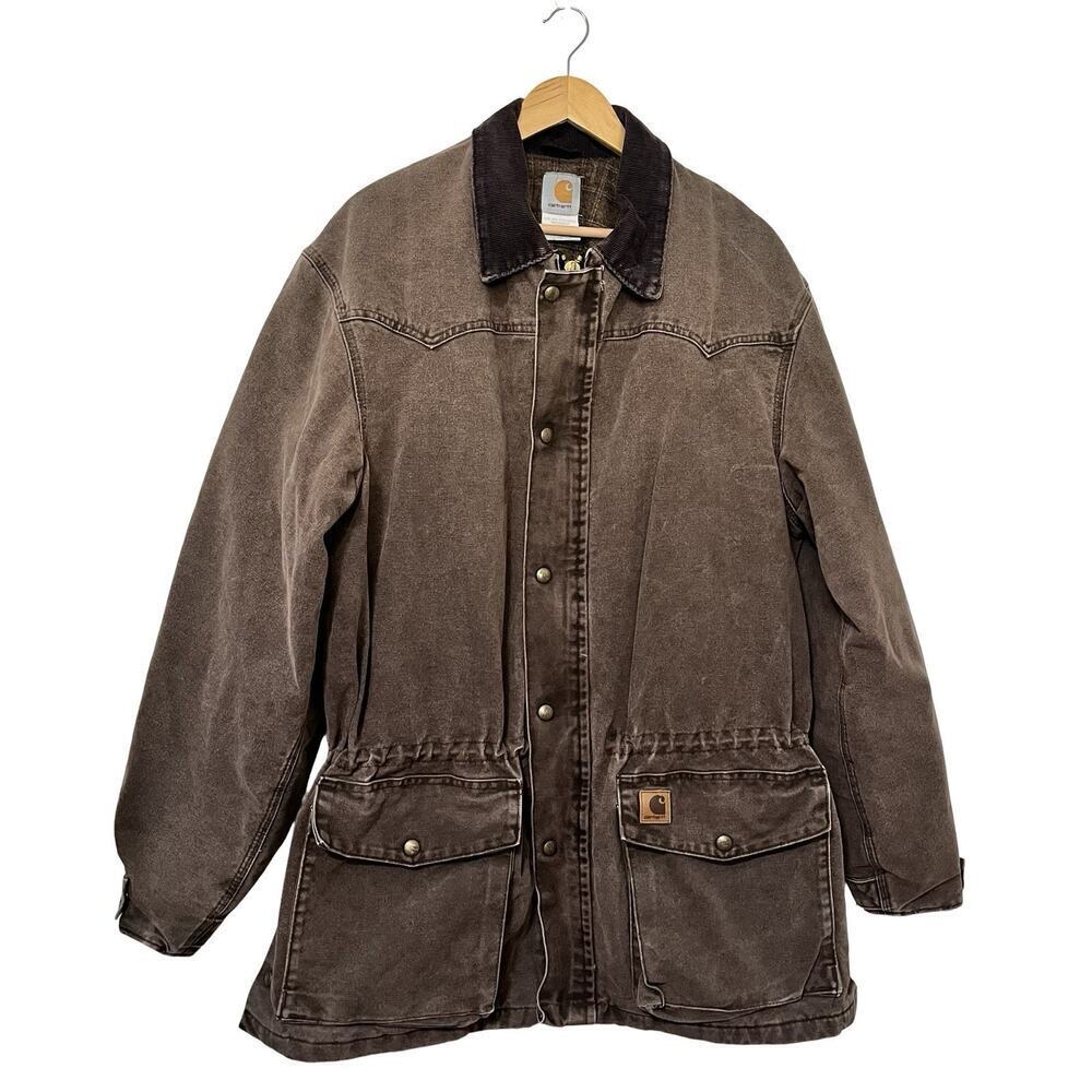 VTG Carhartt Men's Blanket Lined Canvas Chore Jacket Size L Brown Drawstring C52